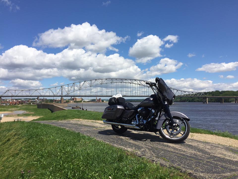 Harley with bridge in back ground